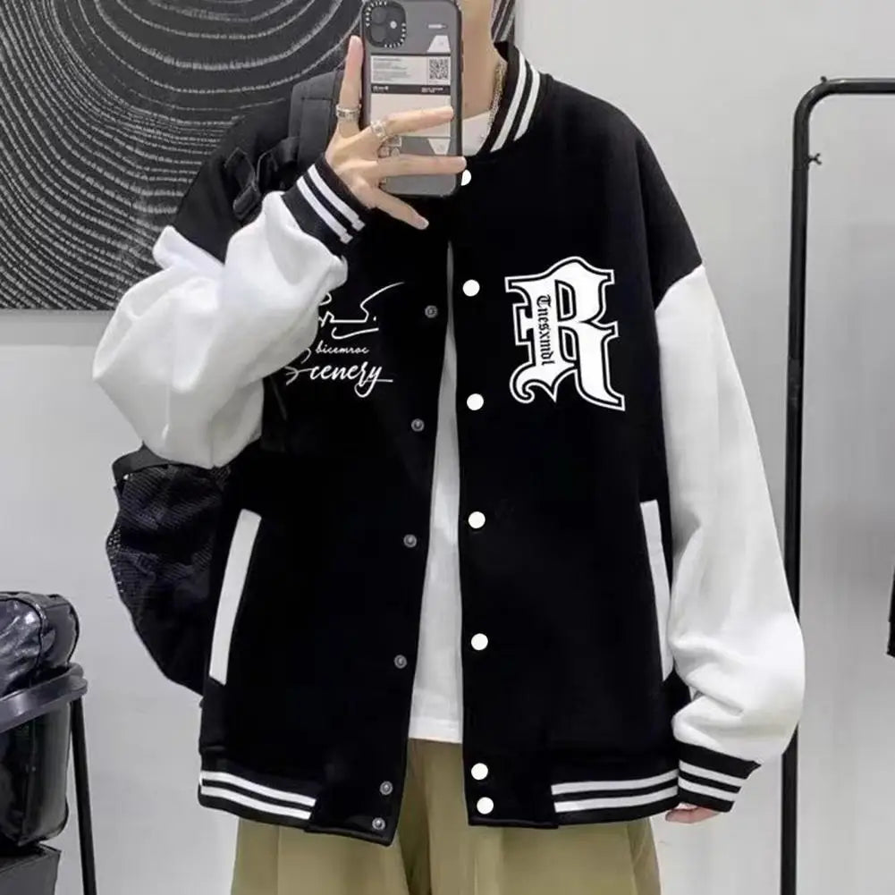 Letter Print Men Baseball Coat Fall Winter Stand Collar Loose High Street Style Elastic Striped Cuff Color Matching Men Jacket