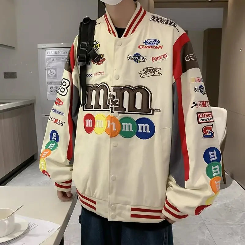 Embroidery M Letter Harajuku Baseball Jacket Coats Men Women Hip Hop Printed Couples Harajuku Patch Varsity Y2K Bomber Jackets