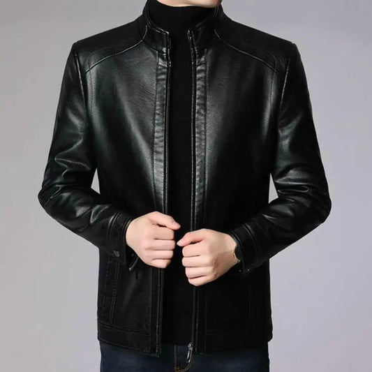 Men Jacket Faux Leather Solid Color Stand Collar Coat Smooth Zipper Neck Windproof Outerwear For Autumn & Winter