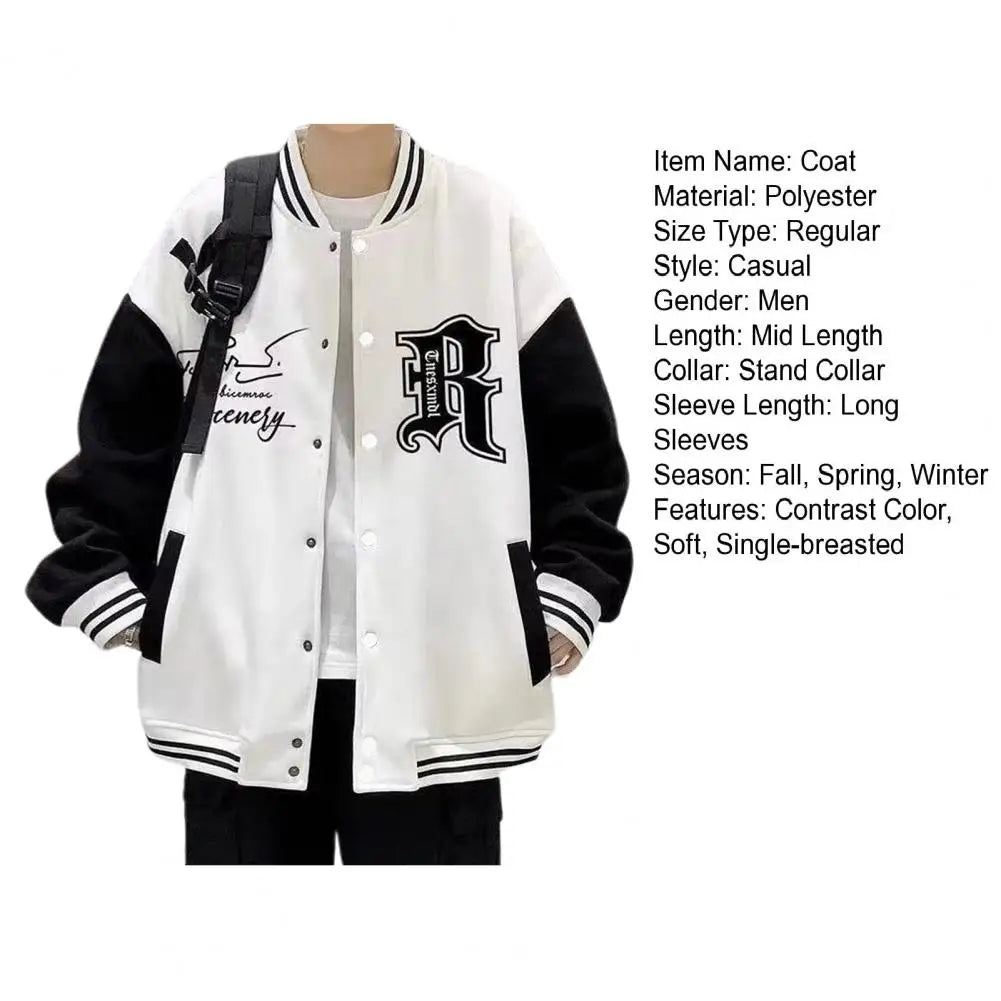 Letter Print Men Baseball Coat Fall Winter Stand Collar Loose High Street Style Elastic Striped Cuff Color Matching Men Jacket
