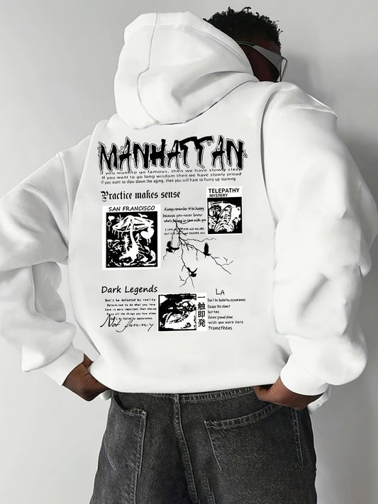 Comfort King, Men's Casual Letter Print Hoodie with Kangaroo Pocket - Cozy Fleece Pullover for Fall & Winter, Stylish Drop Shoulder Design