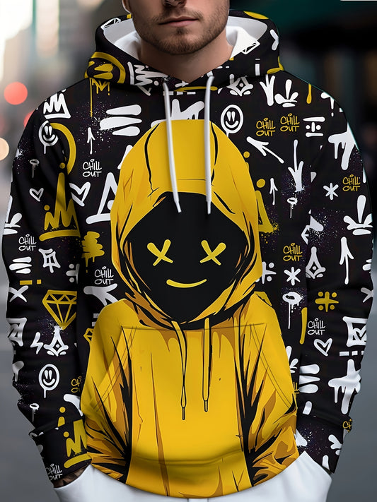 Men's Cartoon Figure Graffiti Print Hooded Sweatshirt, Casual Trendy Long Sleeve Sports Top As Gift