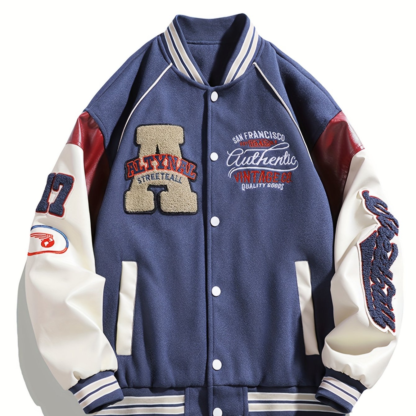 Men's Color Matching Letters Embroidery Striped Baseball Jacket With Pockets, Casual Baseball Collar Button Up Long Sleeve Varsity Jacket For Outdoor