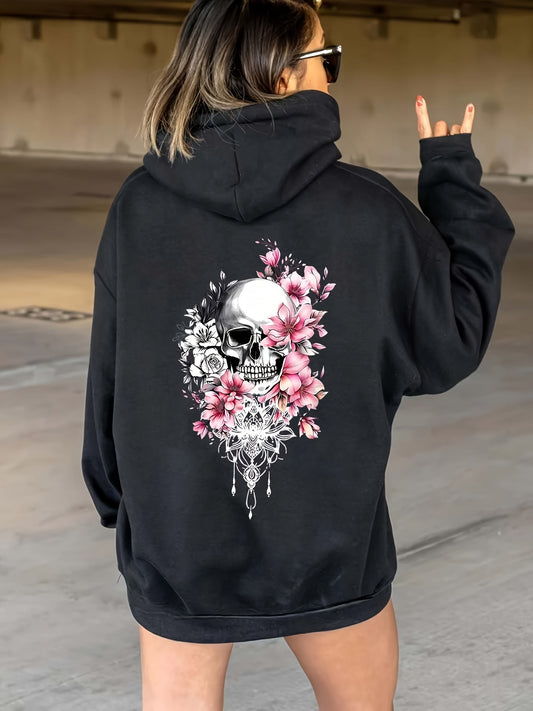 Women's Gothic Skull and for Lotus Print Hoodie - Casual Black Polyester Sweatshirt with Floral Design, Machine Washable