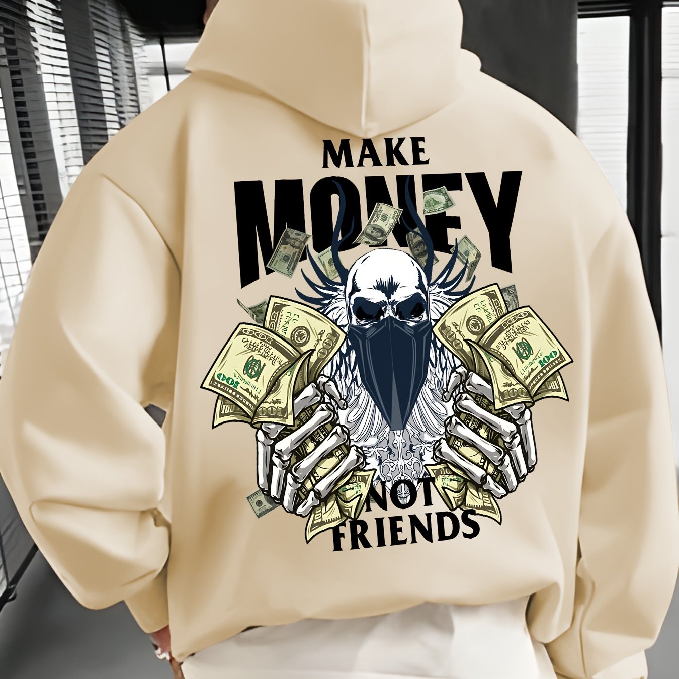 MAKE MONEY NOT FRIENDS Print Kangaroo Pocket Hoodie, Casual Long Sleeve Hoodies Pullover Sweatshirt, Men's Clothing, For Fall Winter
