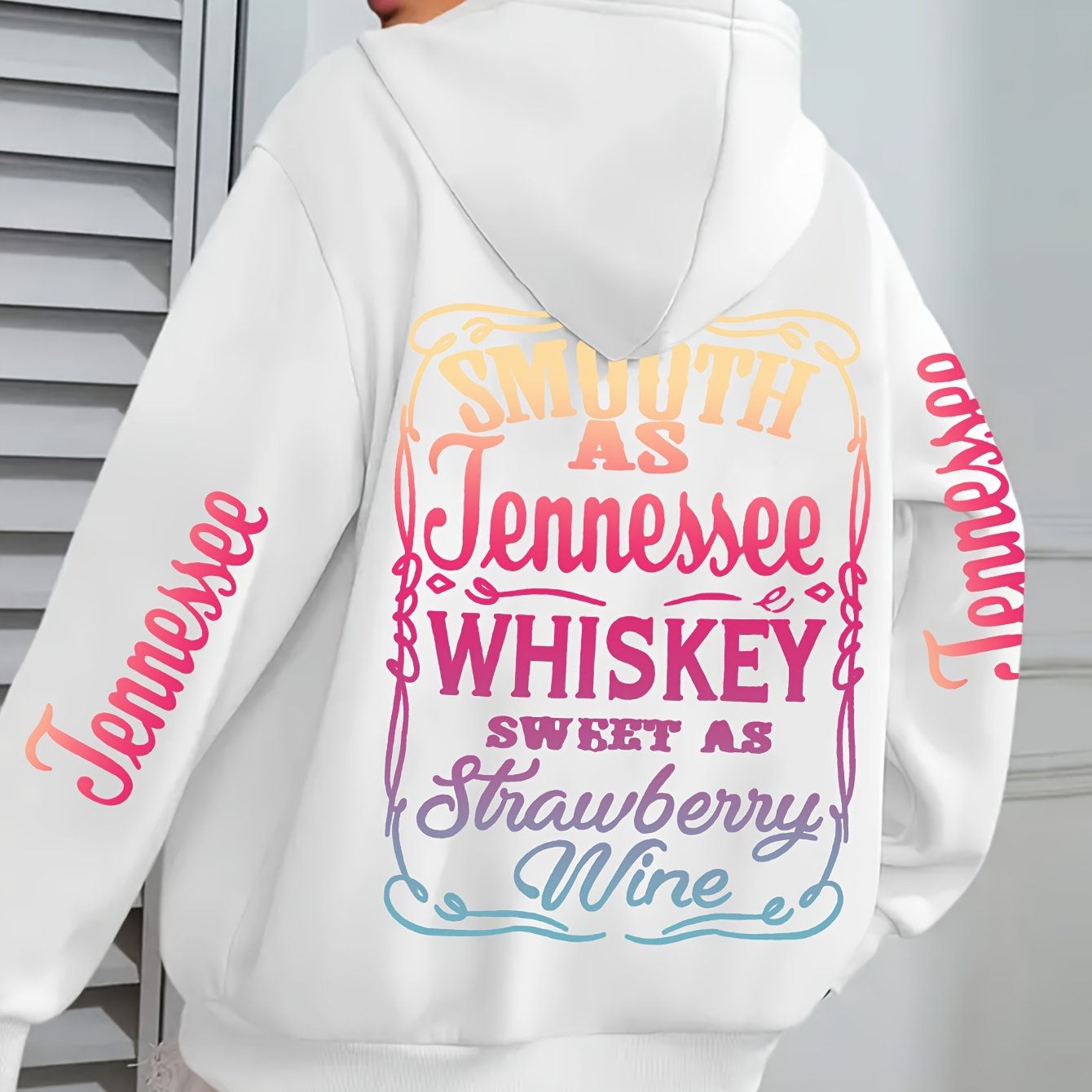 Plus Size Casual Hoodie with Tennessee Whiskey & Strawberry Wine Applique - 100% Polyester, Hooded, Medium Stretch Knit Fabric, Alphabet Pattern, Cozy Fall/Winter Style