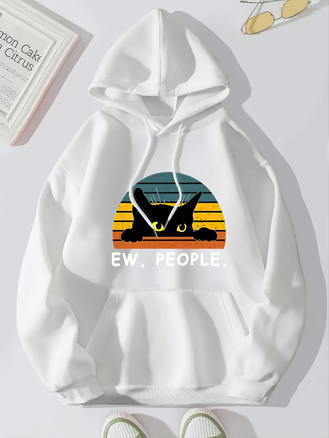 Cat Print Kangaroo Pocket Hoodie, Casual Long Sleeve Drawstring Hoodies Sweatshirt, Women's Clothing