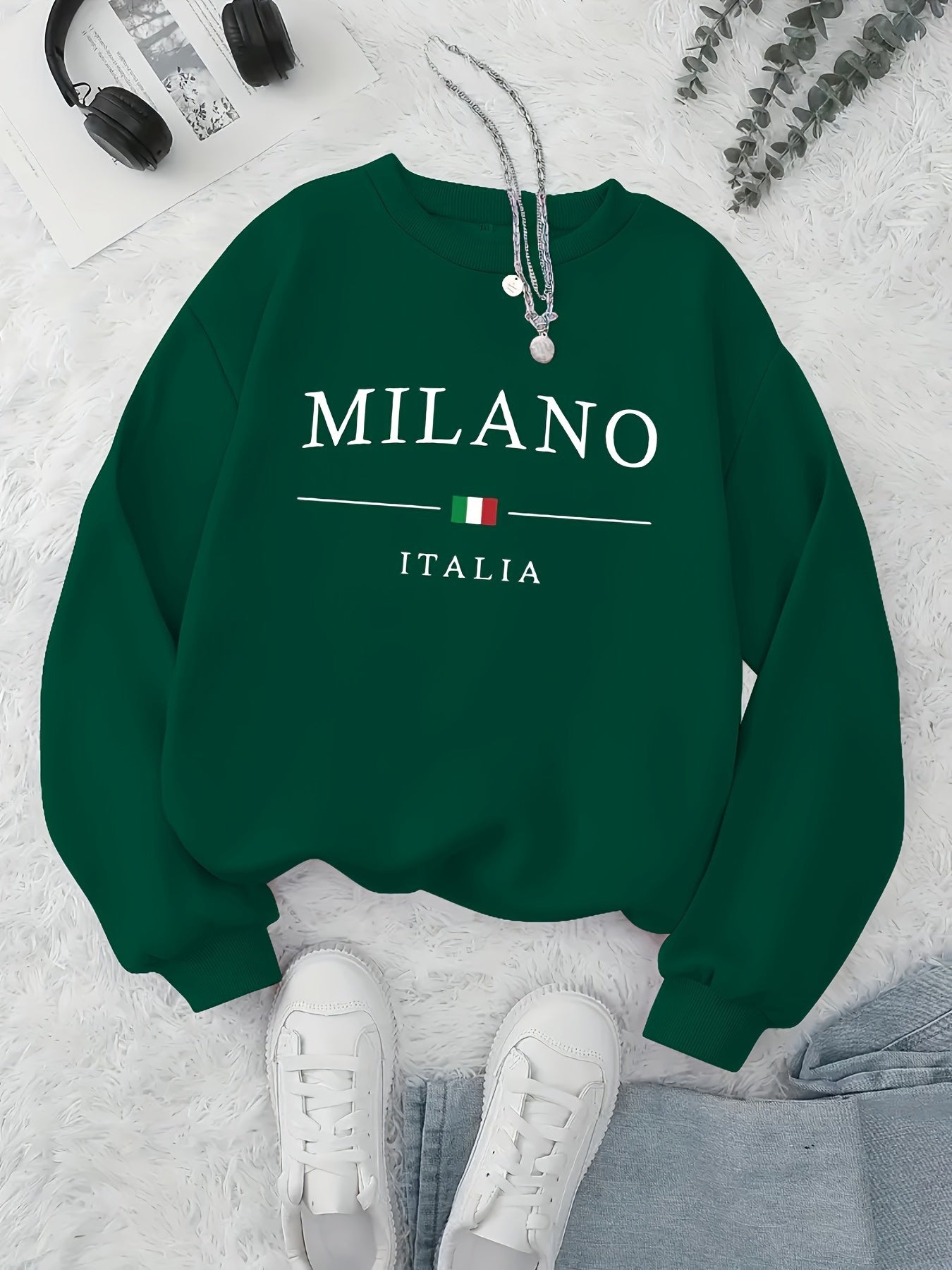 MILANO Print Pullover Sweatshirt, Casual Long Sleeve Crew Neck Sweatshirt For Fall & Winter, Women's Clothing