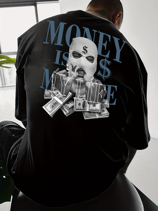 Men'S Streetwear Graphic Money & Wealth Print T-Shirt - 100% Polyester Crew Neck Short Sleeve Loose-Fit Shirt with Slight Stretch - Summer Knit Fabric Geometric Pattern Tee