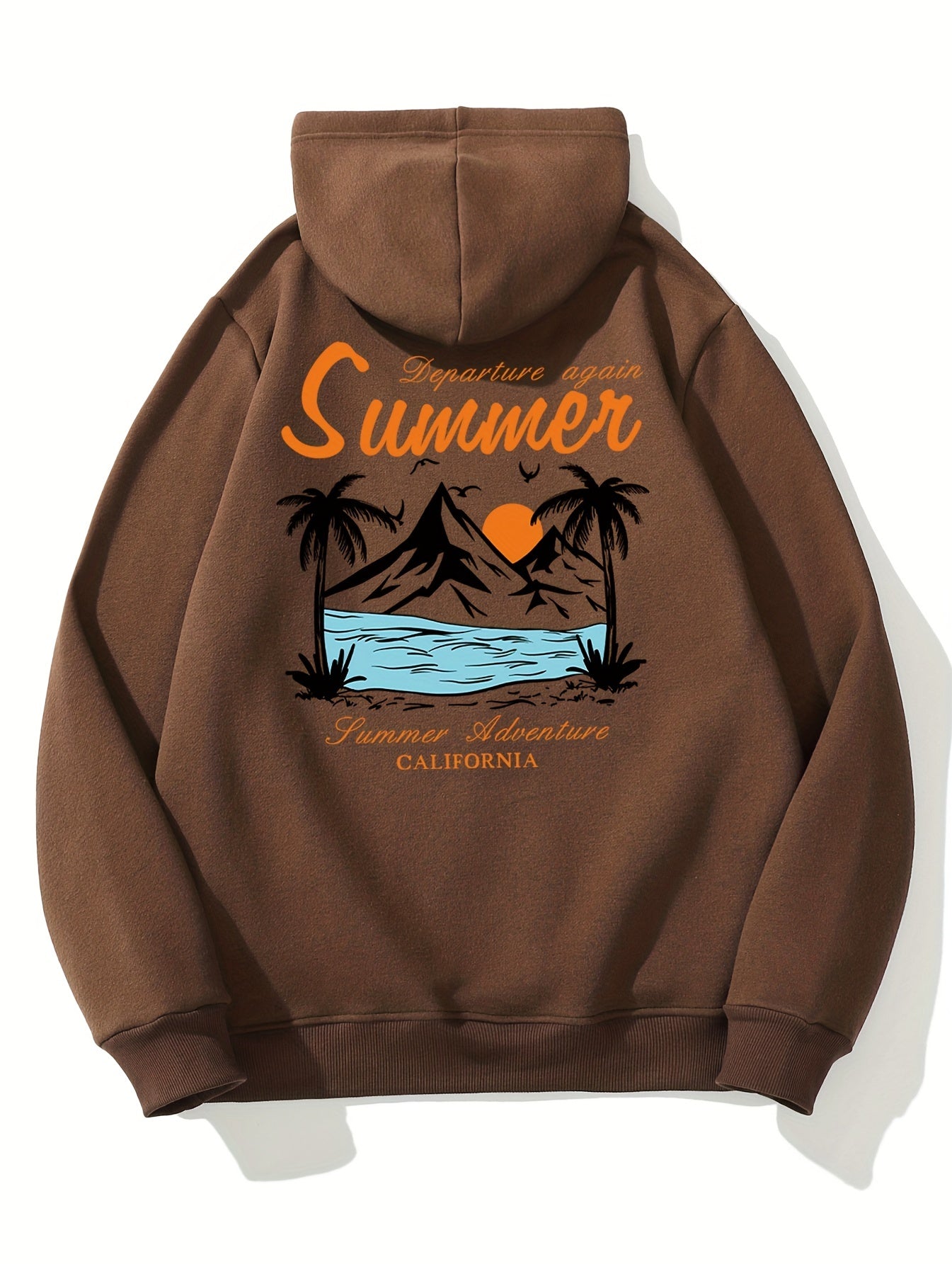 Men's California Summer Adventure Graphic Hoodie - Brown Polyester, Machine Washable, Knit Fabric with Hood, Non-Transparent, Print Design