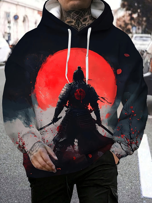 Men's Samurai & Red Moon Cherry Blossom 3D Print Hoodie - Casual Pullover with Kangaroo Pocket, Polyester, Machine Washable, Autumn Winter, Hooded Sweatshirt