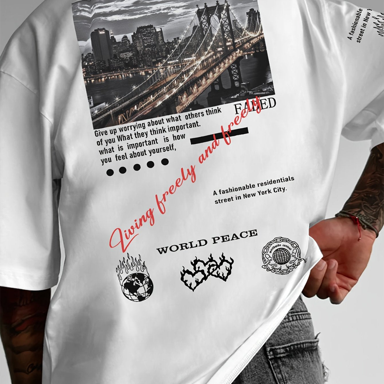 Men'S Fashion Graphic Print T-Shirt, Casual Loose Fit, Polyester Crew Neck Tee with Slight Stretch, with Inspirational Quotes and Peace Symbol, for Summer Knit Fabric Top