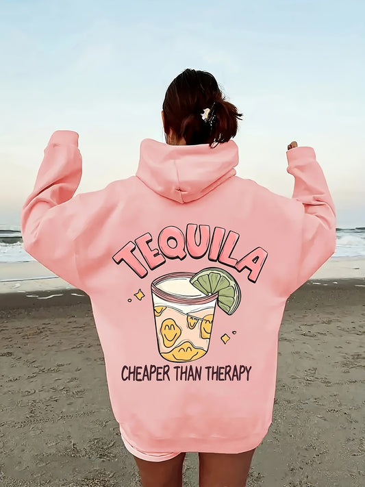 Cozy Comfort] Women's Casual Polyester Hoodie with Geometric Tequila Print, 100% Polyester Knit Fabric, Hooded Pullover with Pocket, Fall/Winter Fashion Sweatshirt, Sweater Hoodie