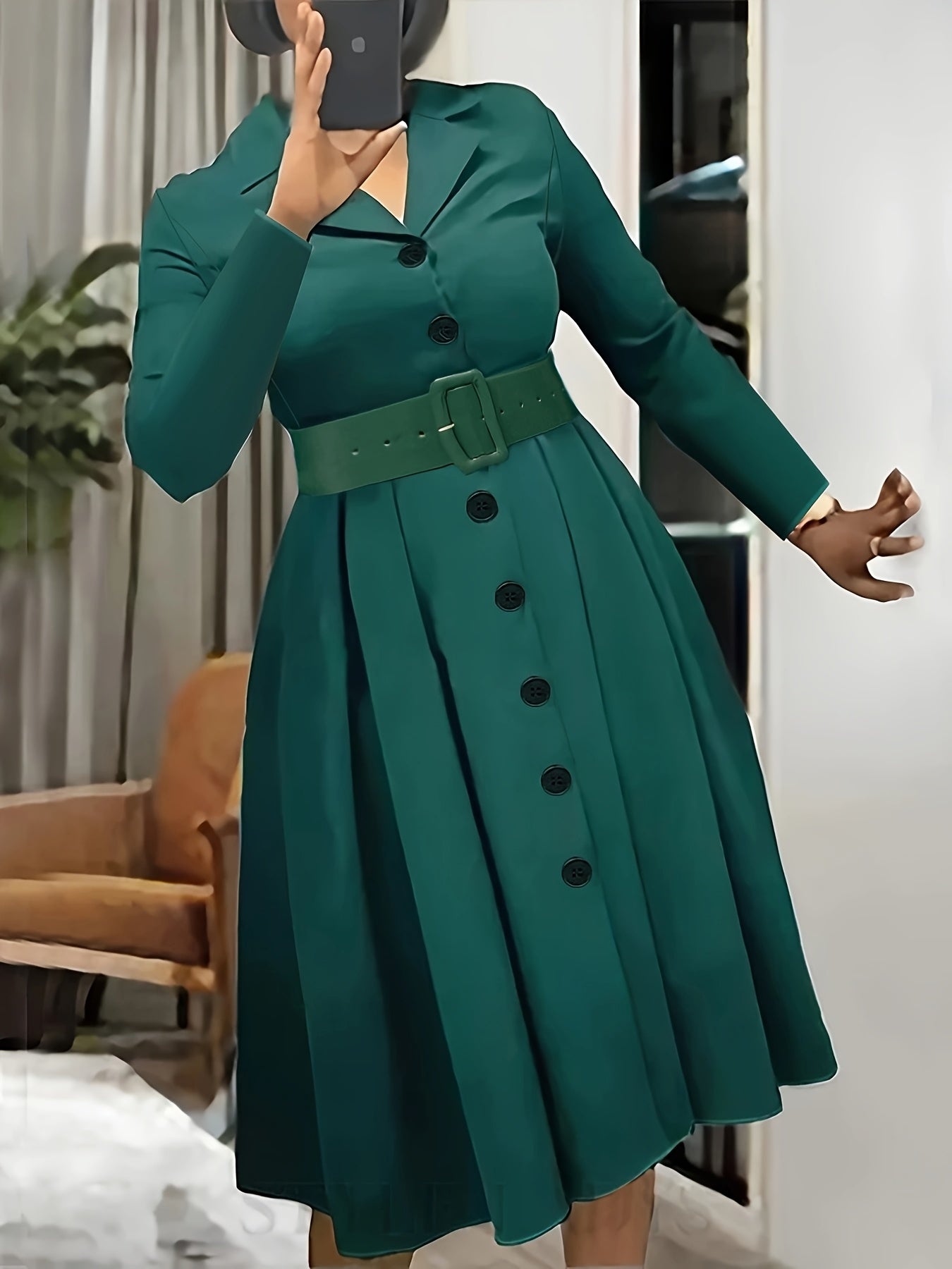 Elegant Solid Color Long Sleeve Dress with Belt for Women, Polyester Spandex Blend, Machine Washable - Spring/Summer/Fall, European And American Style, Fashion