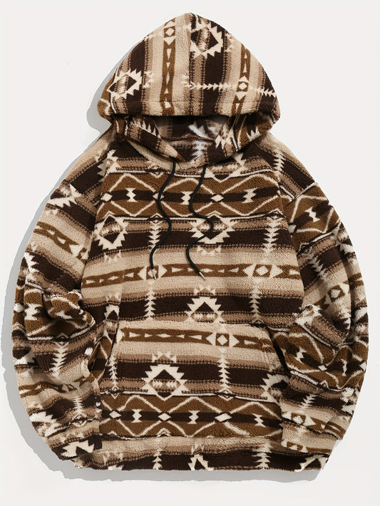 Men'S Fashion Hoodie, Autumn/Winter New Arrival, Ethnic Print, Ultrafine Microfiber, Casual Style, Polyester, Drawstring, Stretchy Knit, Loose Fit, Hooded Sweatshirt