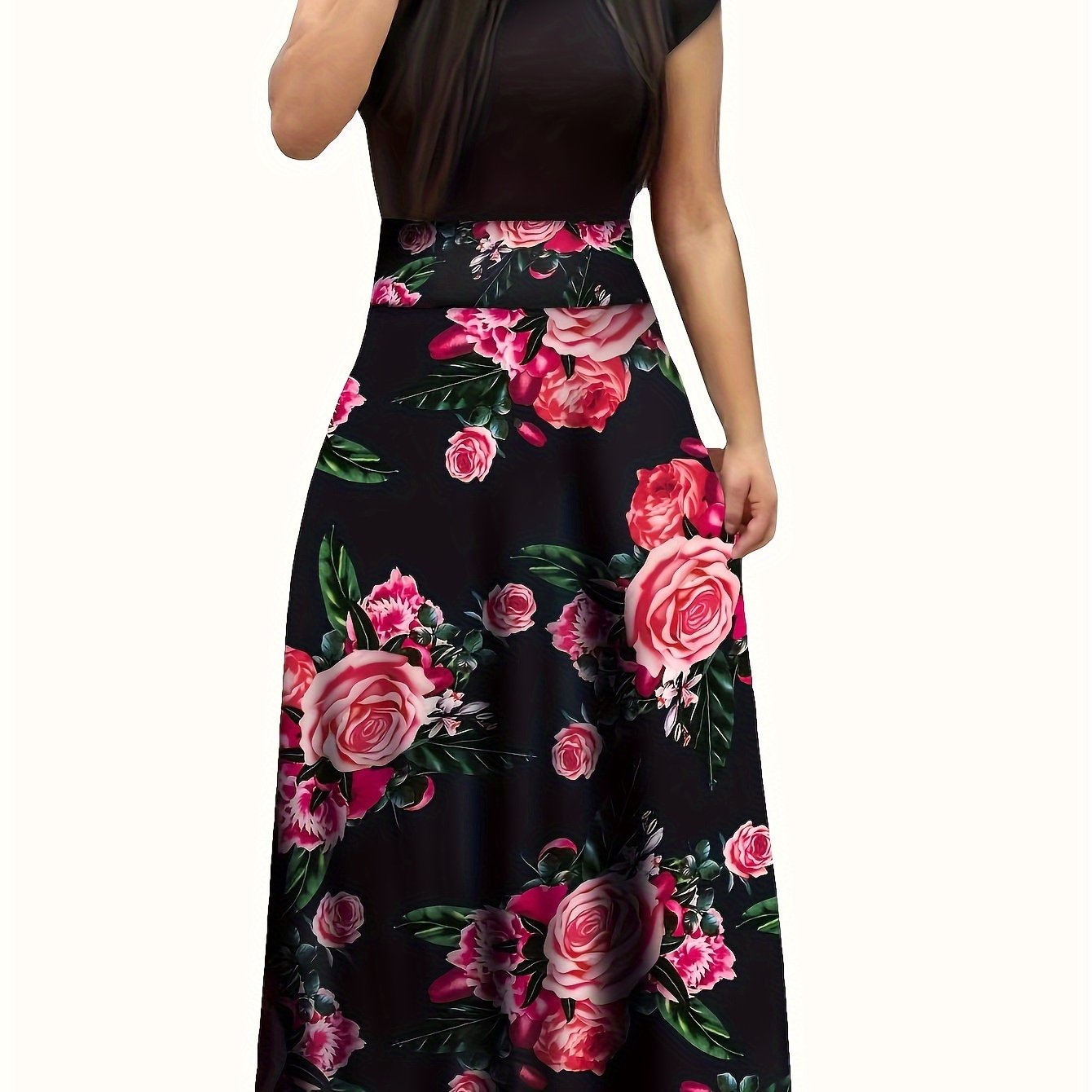 Floral Print Splicing Maxi Dress, Casual Crew Neck Short Sleeve Dress For Spring & Summer, Women's Clothing