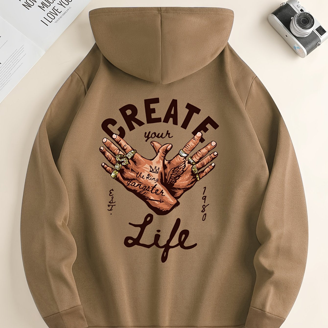 1pc Men'S Casual Street Gang Gesture Print Hoodie, Polyester Knit Fabric with Slight Stretch, Regular Fit Hooded Sweatshirt with Drawstring and Kangaroo Pocket, All-Season Top