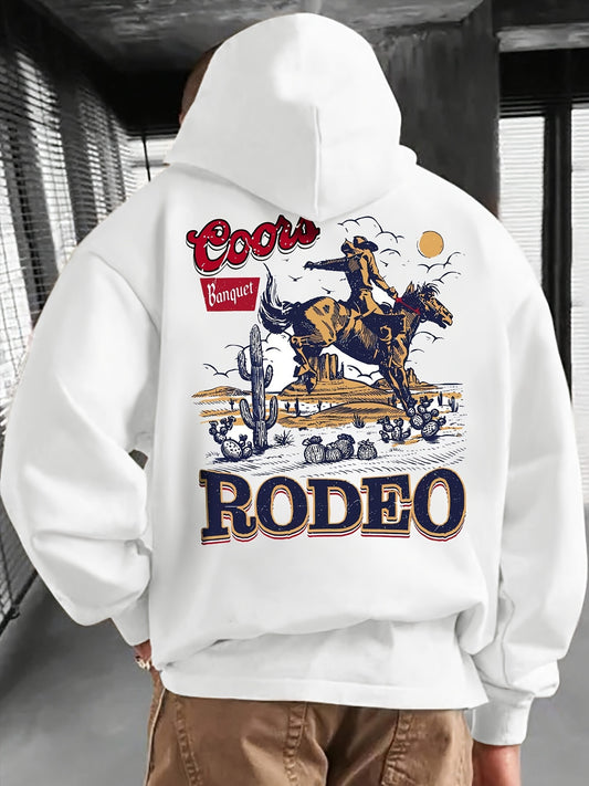 Men'S Coors Banquet Rodeo Graphic Hoodie, Casual French Terry Knit Fabric, Loose Fit Pullover with Hood, Alphabet Pattern, with Pocket, for Durable & Comfortable Winter Essential