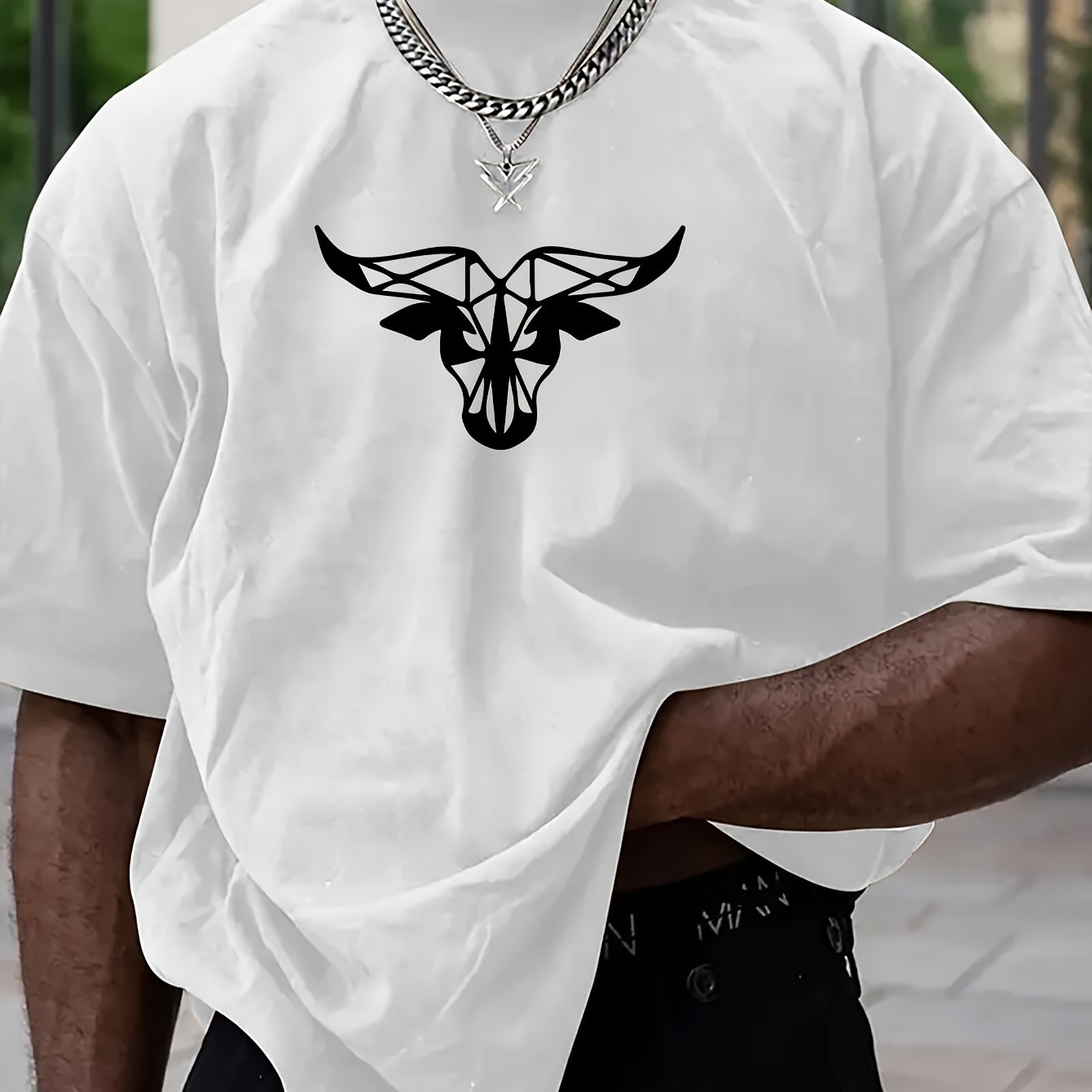 Men's T-shirt with Geometric Muscle Cow Print, Loose Fit Short Sleeve T-shirt, Dropped Shoulder