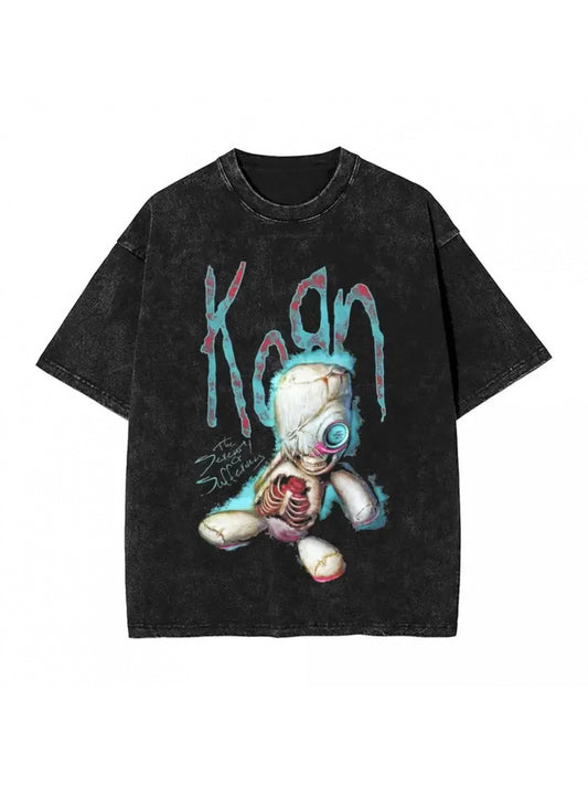 Washed T Shirts Music Rock Korn Band Hip Hop Retro T-Shirt Oversize Streetwear 100% Cotton Graphic Tops Tees for Men Women
