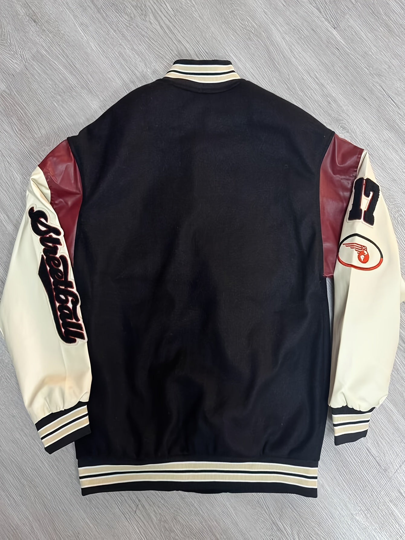Men's Color Matching Letters Embroidery Striped Baseball Jacket With Pockets, Casual Baseball Collar Button Up Long Sleeve Varsity Jacket For Outdoor