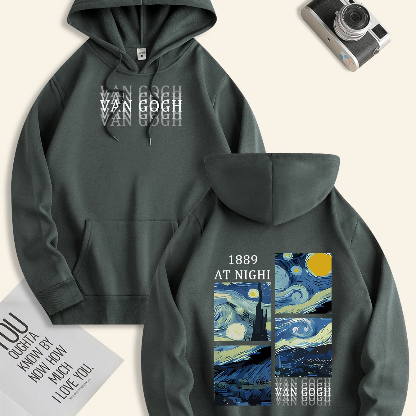 1pc Van Gogh Art Starry Night Print Hoodie - Casual Polyester Long Sleeve Pullover with Drawstring Hood, Slight Stretch Knit Fabric, Regular Fit - All Seasons Men'S Sweatshirt