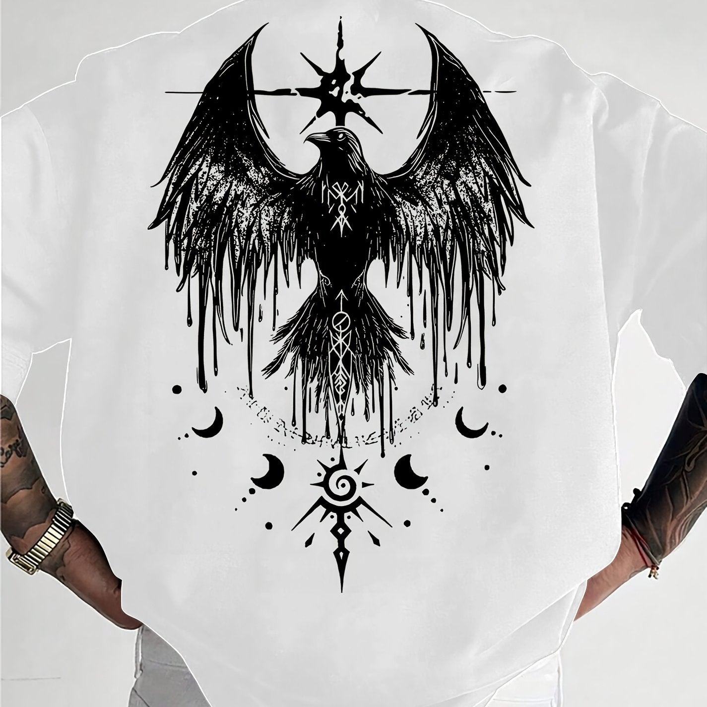 Men'S Raven Totem Print T-Shirt, 100% Polyester, Street Style, Loose Fit, Crew Neck, Slight Stretch Knit Fabric, Animal Pattern, for Summer