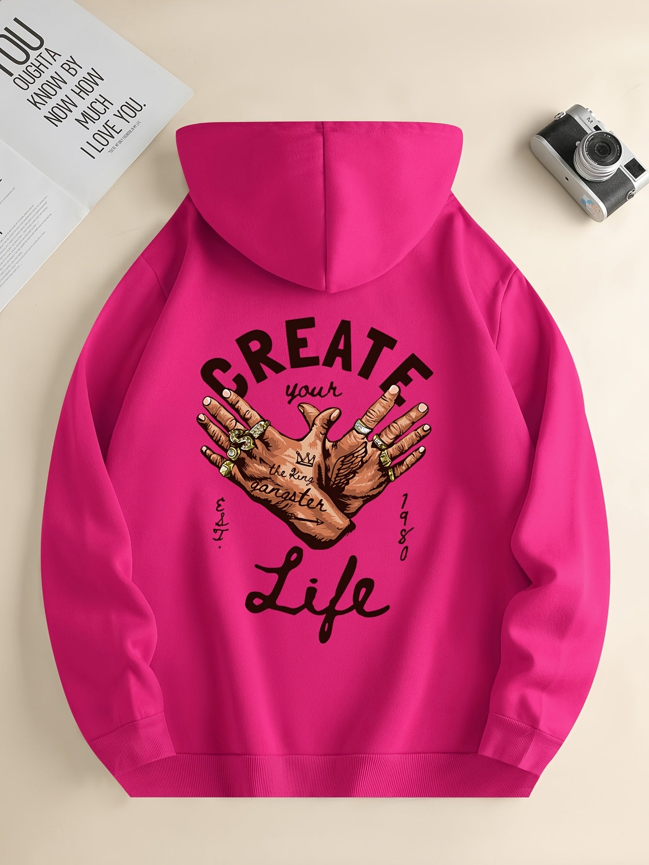 1pc Men'S Casual Street Gang Gesture Print Hoodie, Polyester Knit Fabric with Slight Stretch, Regular Fit Hooded Sweatshirt with Drawstring and Kangaroo Pocket, All-Season Top