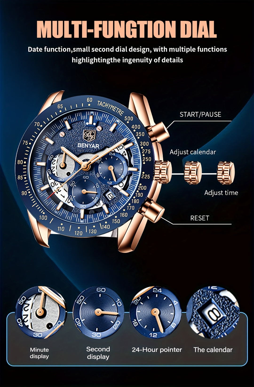 Benyar Chronograph Men's Watch - Analog Quartz Stylish Sports Wristwatch - Elegant Father's Day Gift