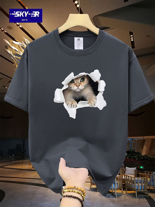 Men's 100% Cotton Loose Cat Graphic Print T-shirt, Short Sleeve Crew Neck Tee, Men's Clothing For Summer Outdoor