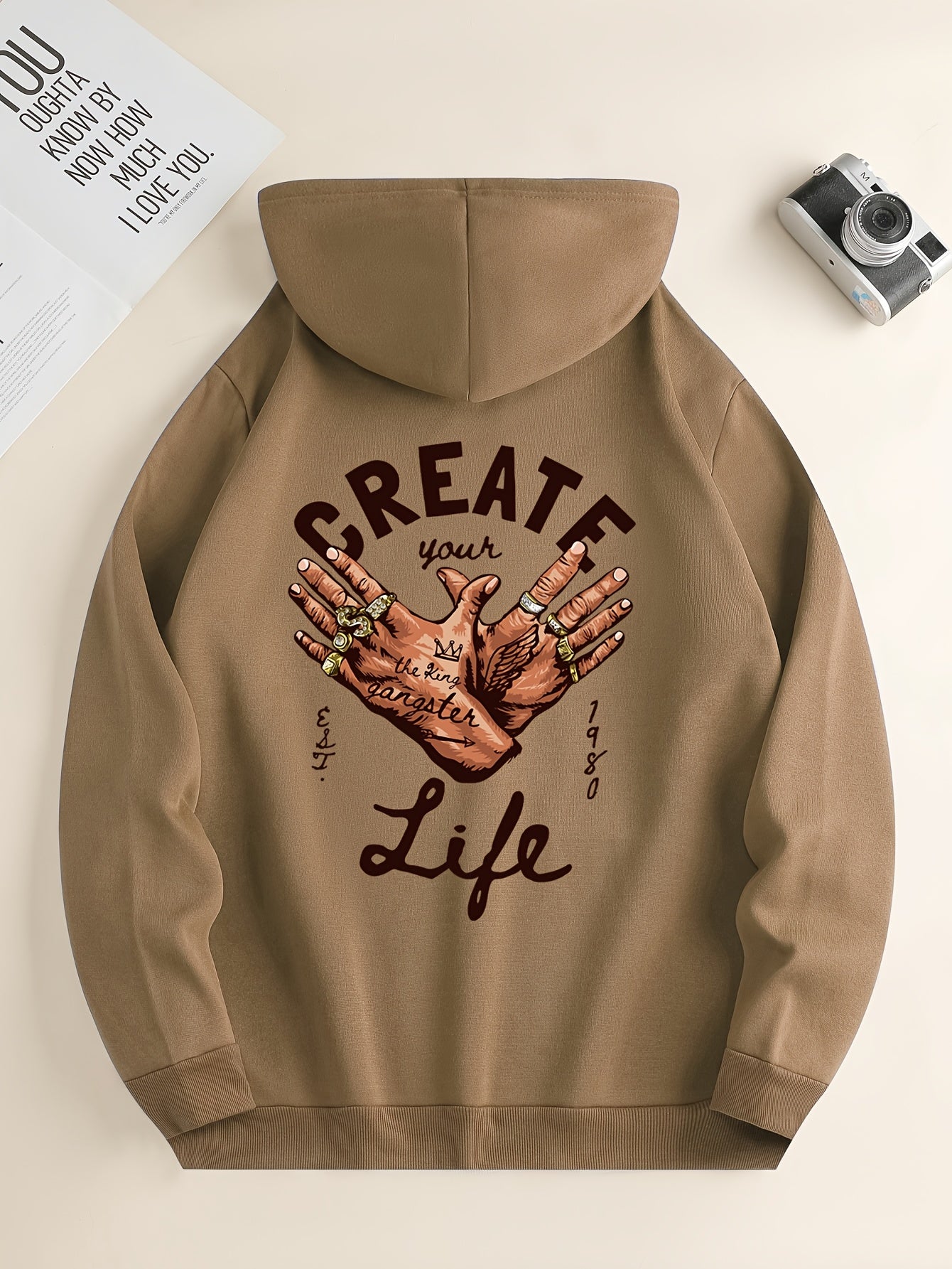 1pc Men'S Casual Street Gang Gesture Print Hoodie, Polyester Knit Fabric with Slight Stretch, Regular Fit Hooded Sweatshirt with Drawstring and Kangaroo Pocket, All-Season Top