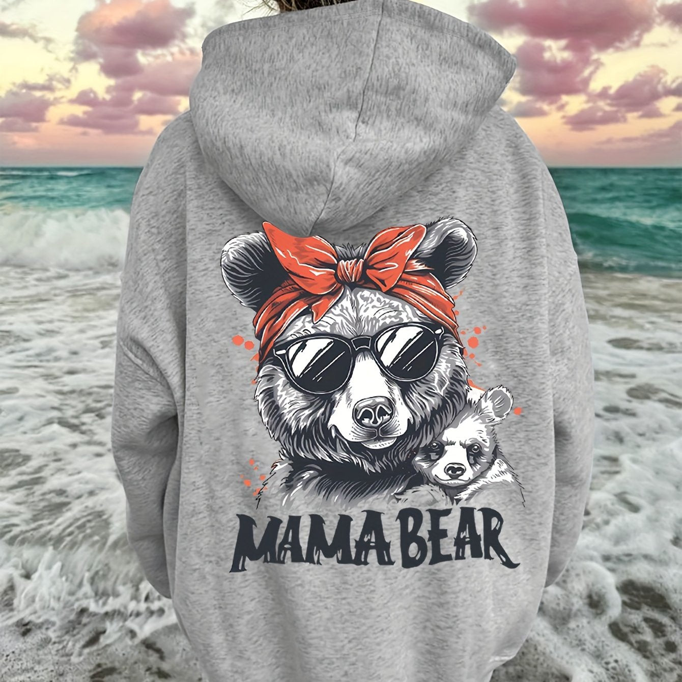 Festive Mama Bear Hoodie: Soft, Stretchy Polyester with Animal Print And Pockets - Perfect for Fall/Winter Beach Days