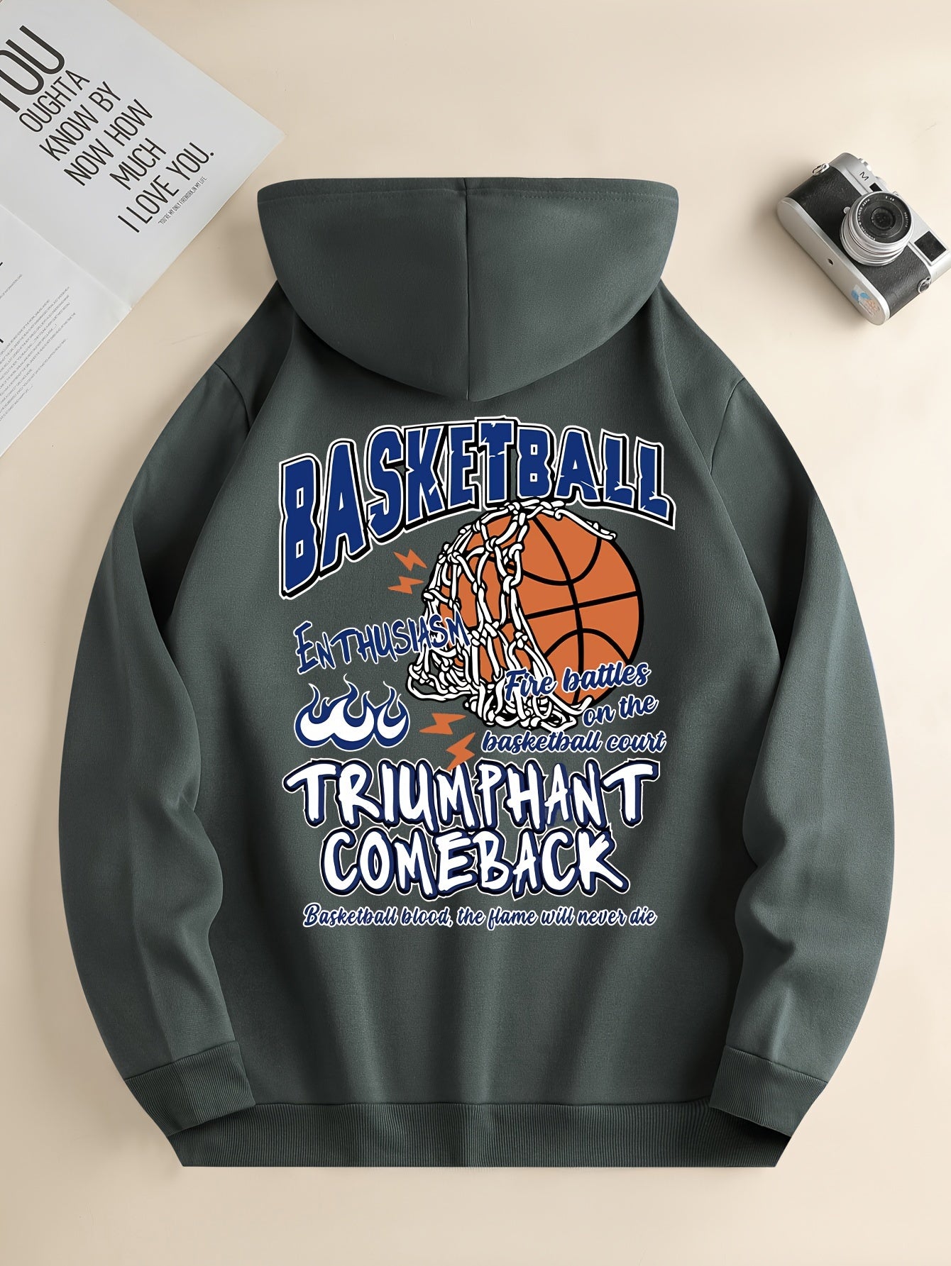 Basketball Print Kangaroo Pocket Hoodie, Casual Long Sleeve Hoodies Sweatshirt, Men's Clothing, For Fall Winter