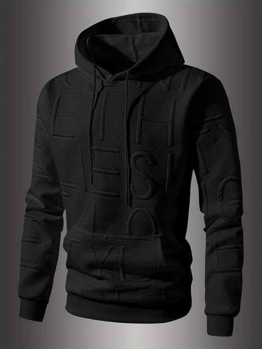 Men's Casual Black Hooded Sweatshirt with Textured Letter Design - Soft Polyester Blend, Long Sleeve, Drawstring Hood with Kangaroo Pocket, Ideal for Spring/Fall, Oversized Hoodie
