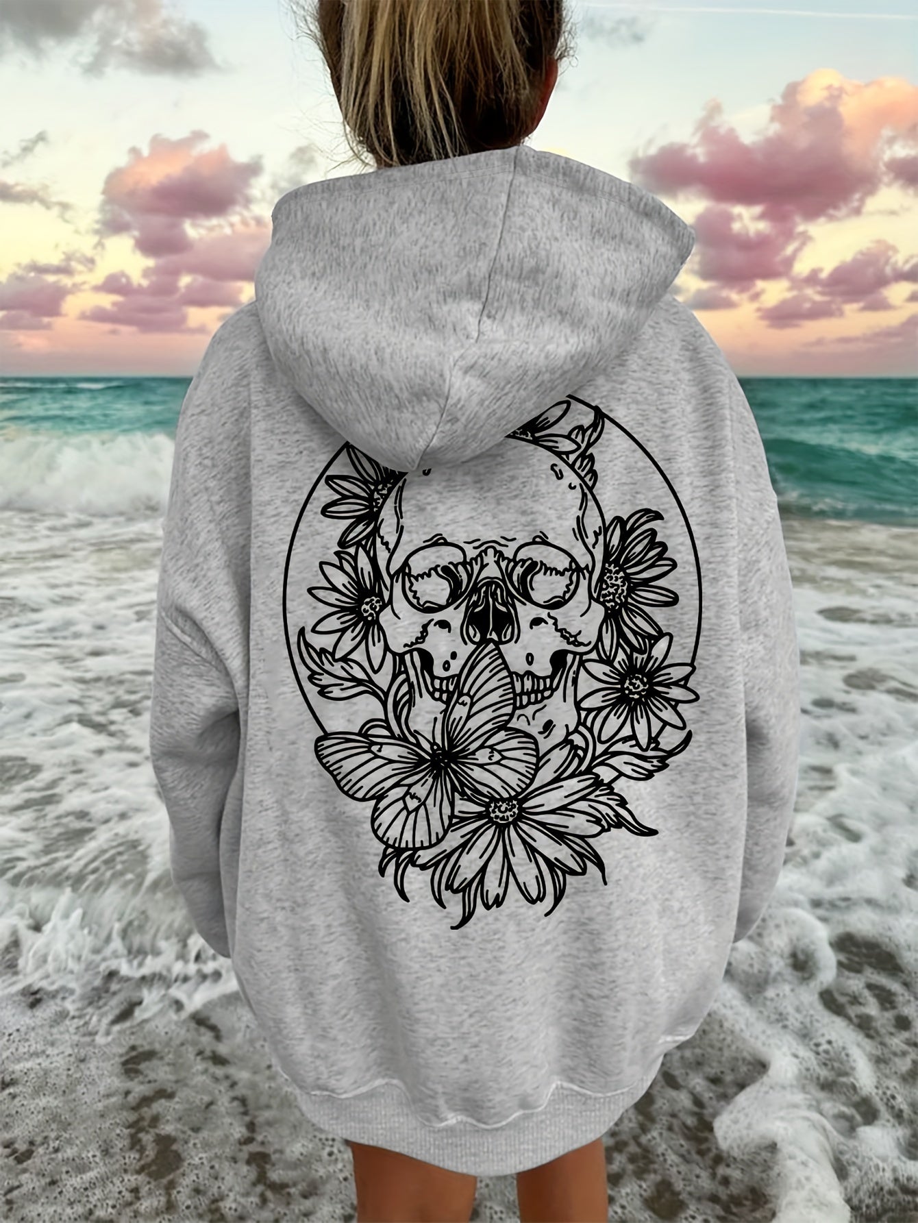 Plus Size Floral Skull Print Hoodie - Casual Oversized Pullover with Long Sleeves, Pocket Detail, Slight Stretch Polyester - Women's Fall/Winter Hooded Knit Sweatshirt