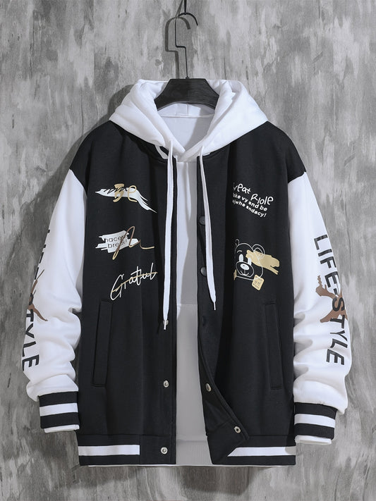 Men'S Casual Baseball Jacket, Polyester 100% Knit Fabric, Long Sleeve with Alphabet Pattern, Regular Length, Button Closure, Baseball Collar, Single Breasted Placket, Loose Fit, 200g/m² Weight - Spring/Fall Fashion