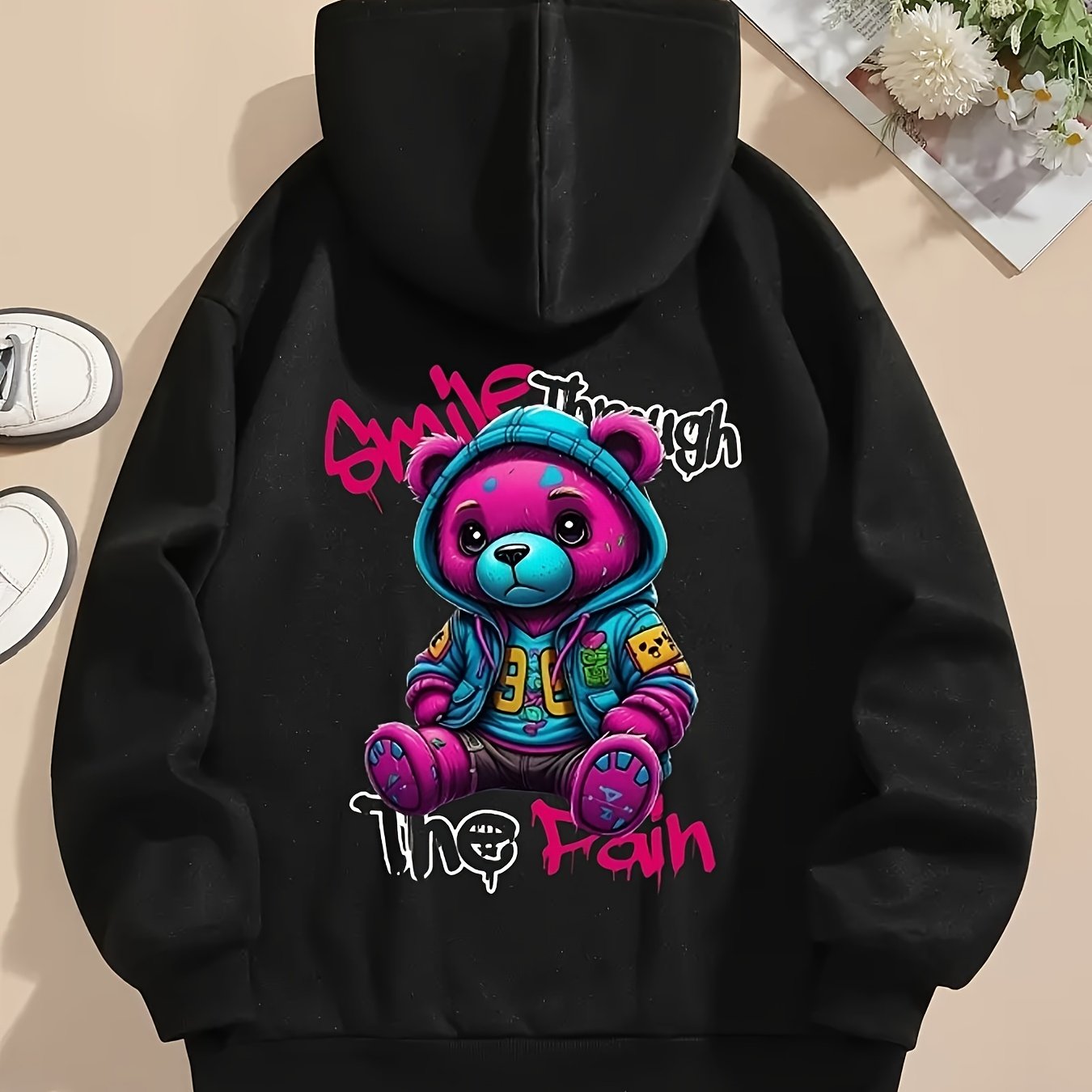 Women's Casual Graphic Teddy Bear Hoodie - Stylish Black Pullover with Colorful Design, Drawstring Hood, Long Sleeves, Machine Washable, Polyester - Perfect for Fall & Winter