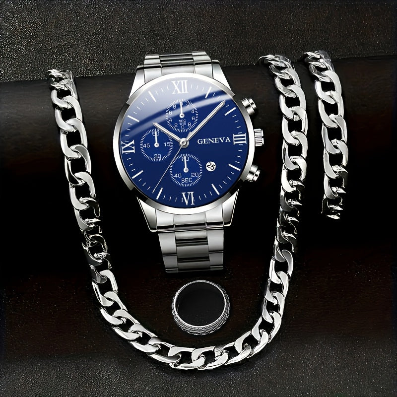 Luxury Gift Set For Men: Stainless Steel Quartz Watch With Calendar, Silvery Bracelet Necklace Ring - Perfect Accessories For Business And Leisure