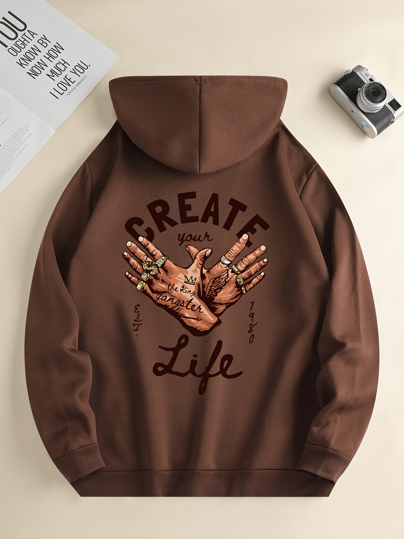1pc Men'S Casual Street Gang Gesture Print Hoodie, Polyester Knit Fabric with Slight Stretch, Regular Fit Hooded Sweatshirt with Drawstring and Kangaroo Pocket, All-Season Top
