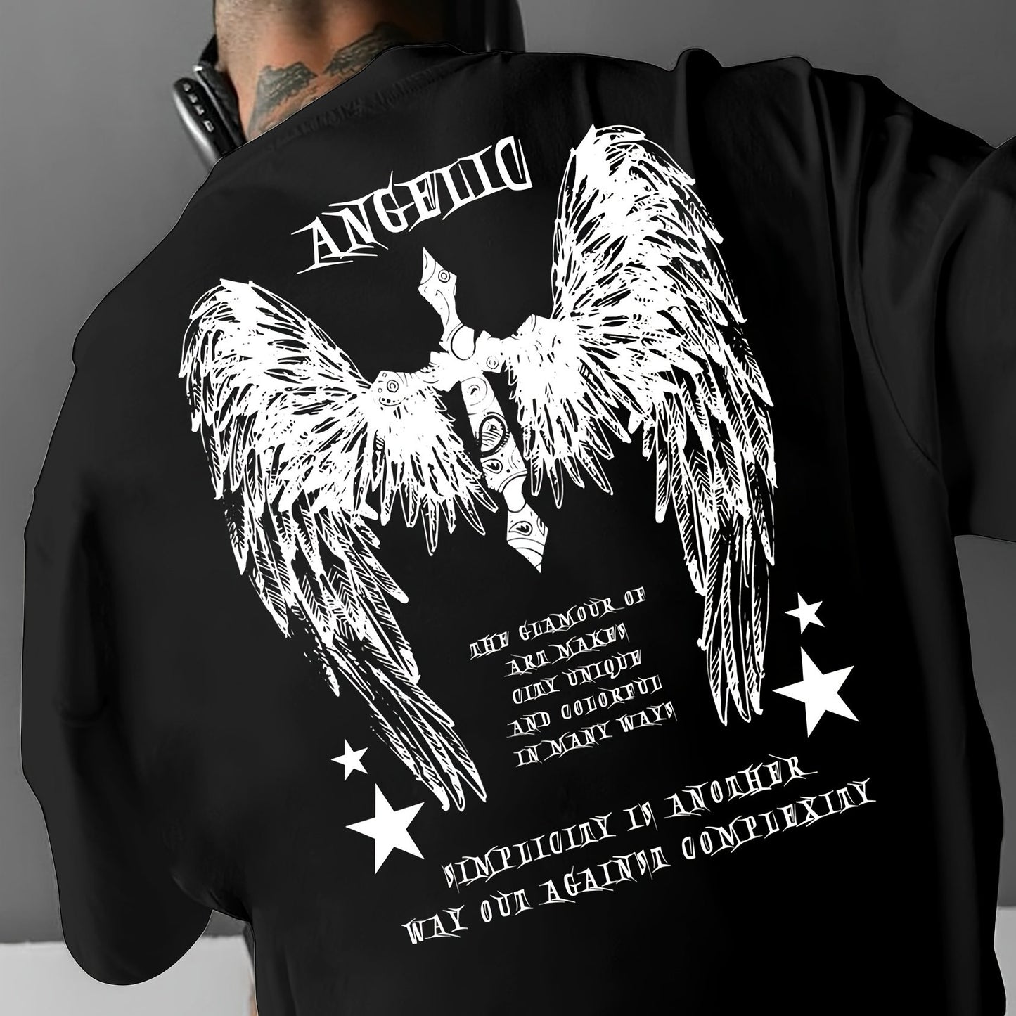 Big Wings Print Men's Casual Athletic T-Shirt, Crew Neck, Knit Fabric, Regular Fit, Breathable Summer Tee