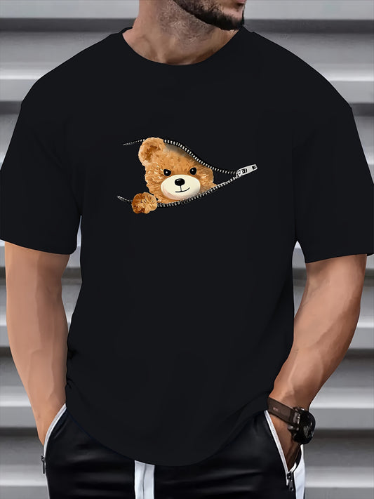 Men's Stylish Bear Pattern T-shirt, Casual Cotton Blend Breathable Crew Neck Short Sleeve Tee For Outdoor Activities