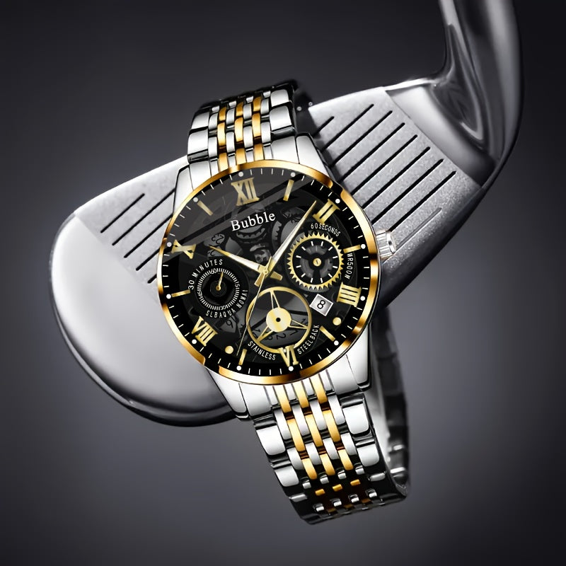Stylish Men's Skeleton Watch with Calendar - Business Fashion, Quartz Movement, Alloy Band