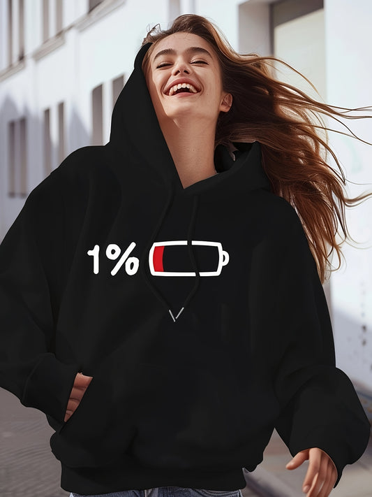 Battery Print Drawstring Hoodie, Casual Long Sleeve Hooded Sweatshirt With Kangaroo Pocket For Fall & Winter, Women's Clothing