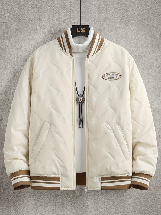 1pc Men'S Preppy Style Casual Jacket - Solid Color Polyester Baseball Collar Bomber with Zipper Closure, Woven Non-Stretch Fabric, Regular Fit and Length - Youth Warm Outerwear, Thick