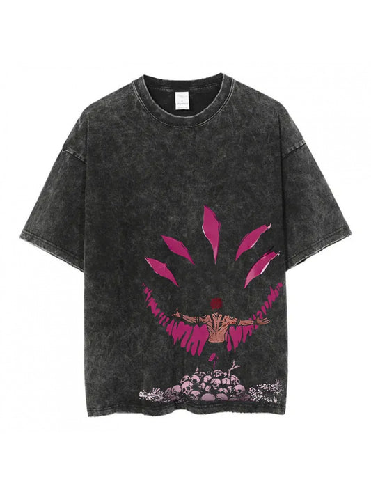 Men's Vintage Harajuku-Inspired Anime Graphic Tee - 100% Cotton, Short Sleeve, Oversized Fit with Pink & Purple Accents, Casual Streetwear T-Shirt for All Seasons