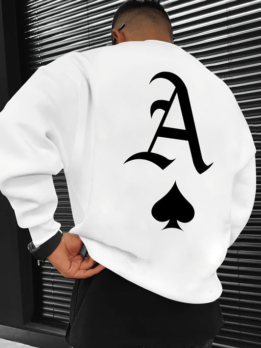 Men'S Fashion Creative Design Black Spade A Print Letter Sweatshirt, Casual Polyester Knit Fabric, Loose Fit, Round Neck, Elastic, Unisex Long Sleeve Hoodie