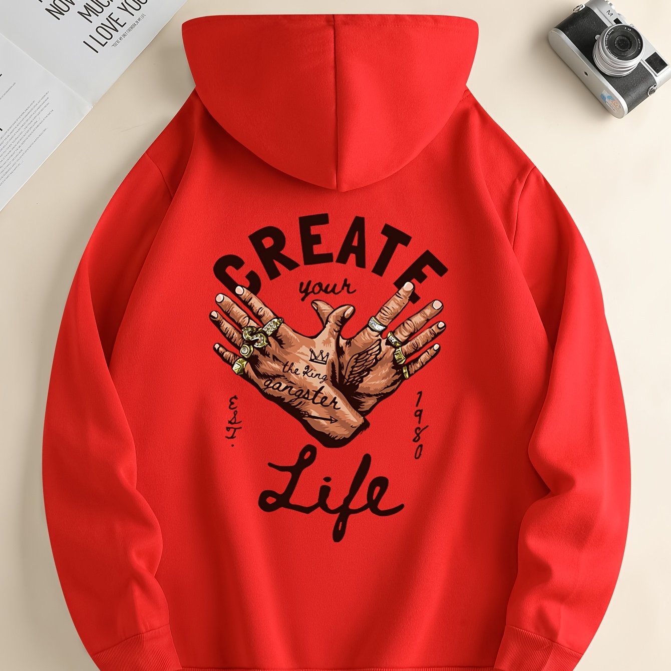 1pc Men'S Casual Street Gang Gesture Print Hoodie, Polyester Knit Fabric with Slight Stretch, Regular Fit Hooded Sweatshirt with Drawstring and Kangaroo Pocket, All-Season Top
