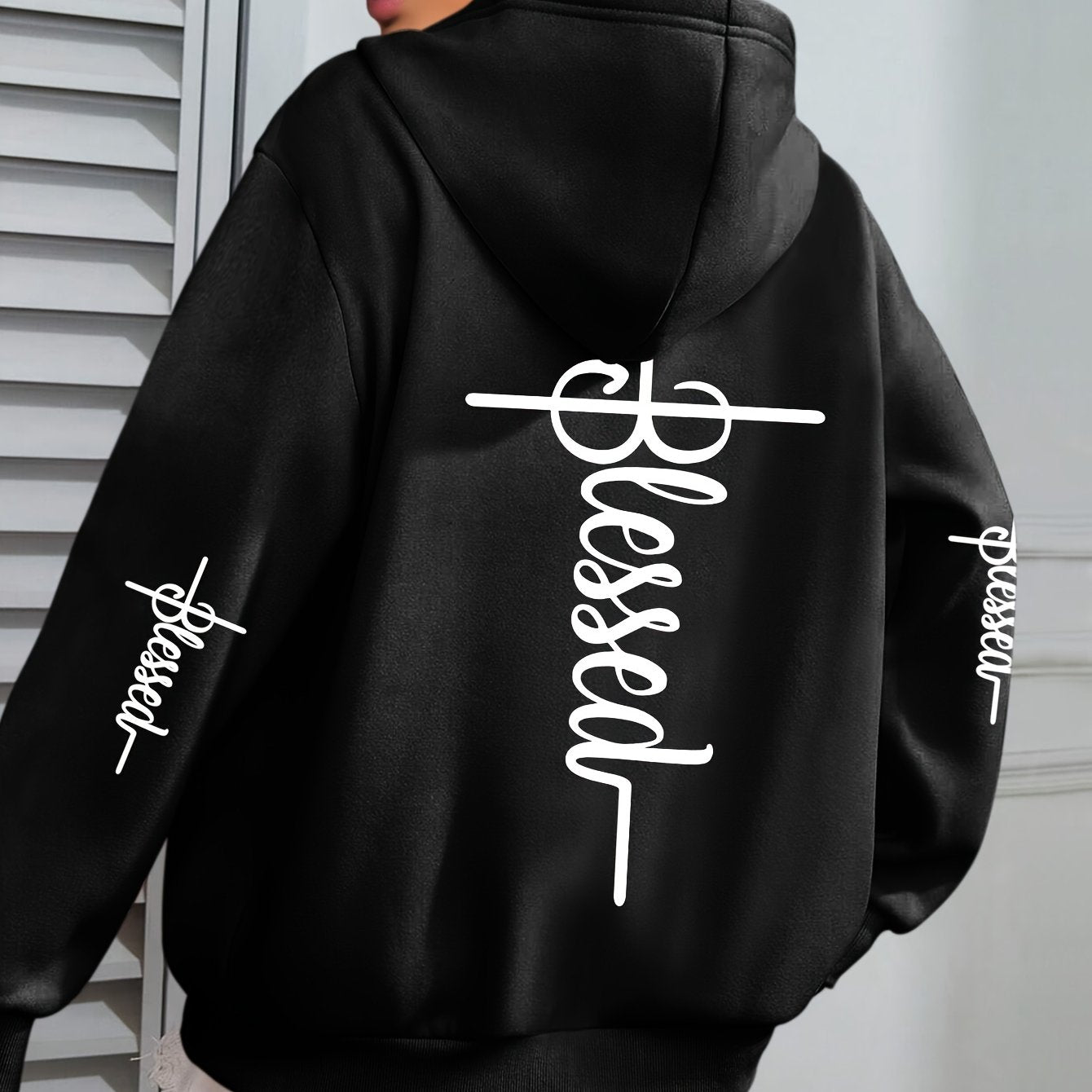Women'S Plus Size "BLESSED" Print Hoodie - Casual Long Sleeve Pullover with Pocket, 100% Polyester Knit Fabric, Slight Stretch, Fall/Winter Hooded Sweatshirt, Faith Pattern Design