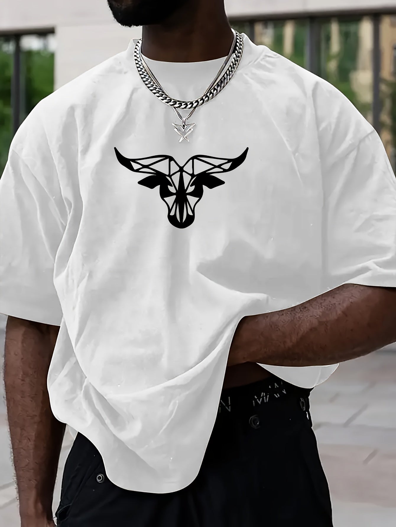 Men's T-shirt with Geometric Muscle Cow Print, Loose Fit Short Sleeve T-shirt, Dropped Shoulder