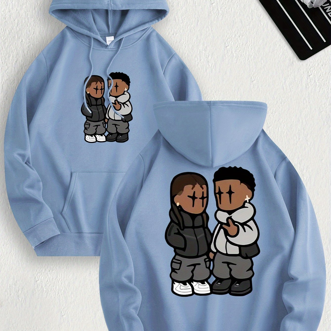 Men's Trendy Hoodie with Fleece-Lined Kangaroo Pocket - Casual & Comfortable, Cartoon Print Pullover Sweatshirt, K-pop, Fashion Design, Leisure Style, Conventional Version, ALL/Global/All